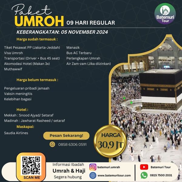 Umrah Rabiul Awwal 1446 H, KUT Tour , Paket 9 hari , Keberangkatan 5 November 2024